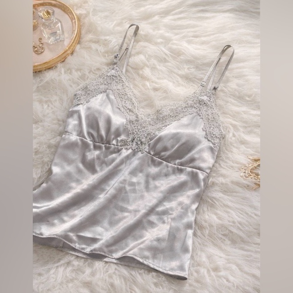 Newport News Silver Satin Lace Cami | Silky Lingerie Style Top Size M